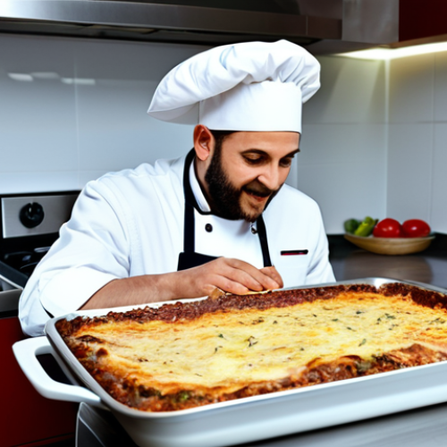Home 17 **
"A professional chef in a clean and modern kitchen, preparing a traditional moussaka. He is wearing a chef's coat and hat, fully clothed, appropriate attire, safe for work. The moussaka is layered in a baking dish, with visible layers of eggplant, meat sauce, and béchamel. The kitchen is well-lit with stainless steel appliances. Perfect anatomy, correct proportions, natural pose, professional food photography, high quality, modest, family-friendly."
**