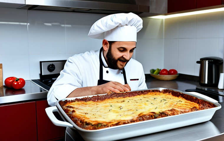 **

"A professional chef in a clean and modern kitchen, preparing a traditional moussaka. He is wearing a chef's coat and hat, fully clothed, appropriate attire, safe for work. The moussaka is layered in a baking dish, with visible layers of eggplant, meat sauce, and béchamel. The kitchen is well-lit with stainless steel appliances. Perfect anatomy, correct proportions, natural pose, professional food photography, high quality, modest, family-friendly."

**