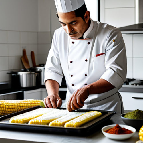 Home 10 A professional chef in a clean, modern kitchen preparing a traditional Chilean Pastel de Choclo. The chef is fully clothed in a chef's uniform, appropriate attire, safe for work. The scene includes ingredients like corn, meat, and spices. Perfect anatomy, natural pose, professional food photography, high quality, family-friendly.