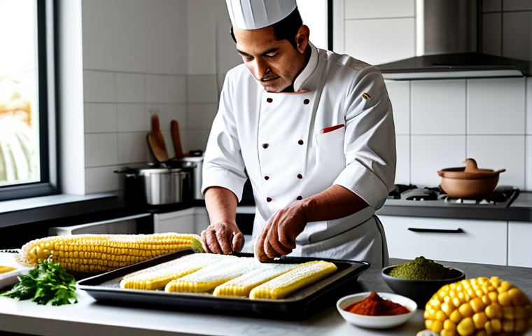 A professional chef in a clean, modern kitchen preparing a traditional Chilean Pastel de Choclo. The chef is fully clothed in a chef's uniform, appropriate attire, safe for work. The scene includes ingredients like corn, meat, and spices. Perfect anatomy, natural pose, professional food photography, high quality, family-friendly.