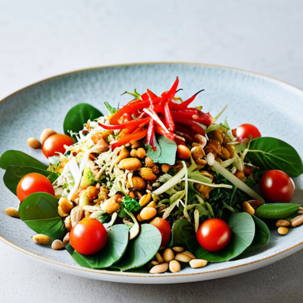 미얀마 샐러드 레파드 - **Image:** A vibrant and colorful Burmese Lahpet Thoke salad beautifully arranged on a large platter...
