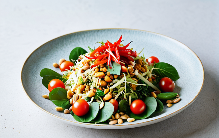 미얀마 샐러드 레파드 - **Image:** A vibrant and colorful Burmese Lahpet Thoke salad beautifully arranged on a large platter...