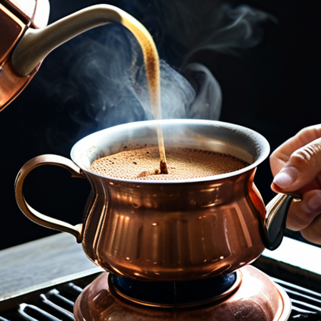 터키식 커피 제조법 - Preparing Turkish Coffee**

"A close-up shot of a copper cezve (ibrik) on a gas stovetop, steam risi...