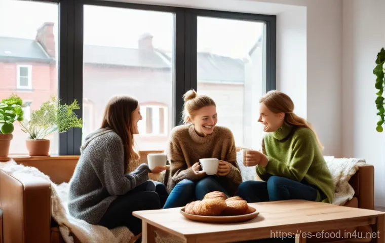 스웨덴 디저트 시나몬롤 - **Prompt:** A cozy and inviting "fika" moment in a warm, Scandinavian-style living room. Two adults ...