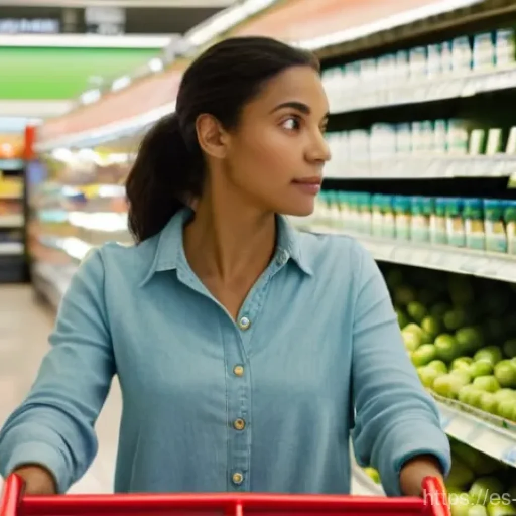 음식 제조사별 가격 비교 - **Prompt:** A discerning female shopper, mid-30s, stands in a brightly lit supermarket dairy aisle, ...