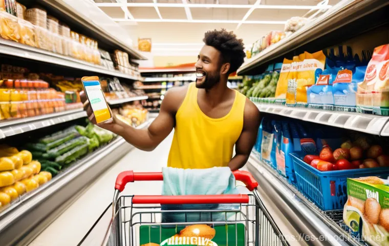 음식 제조사별 가격 비교 - **Prompt:** A young, tech-savvy male shopper, late 20s, actively uses a smartphone app to compare gr...