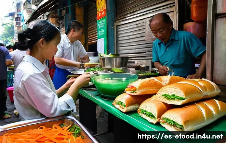 베트남 샌드위치 반미 - **Prompt 1: Bustling Saigon Street Food Scene**
    "A vibrant, high-angle shot of a traditional Vie...