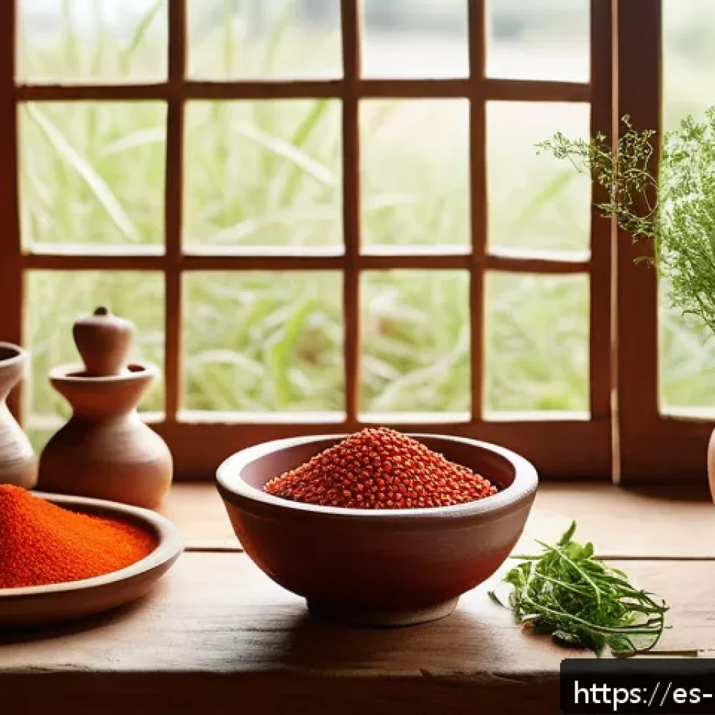특별한 조미료 추천 - A vibrant, rustic kitchen scene featuring a wooden table adorned with traditional Latin American con...