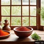 특별한 조미료 추천 - A vibrant, rustic kitchen scene featuring a wooden table adorned with traditional Latin American con...