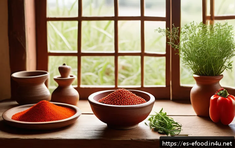 특별한 조미료 추천 - A vibrant, rustic kitchen scene featuring a wooden table adorned with traditional Latin American con...