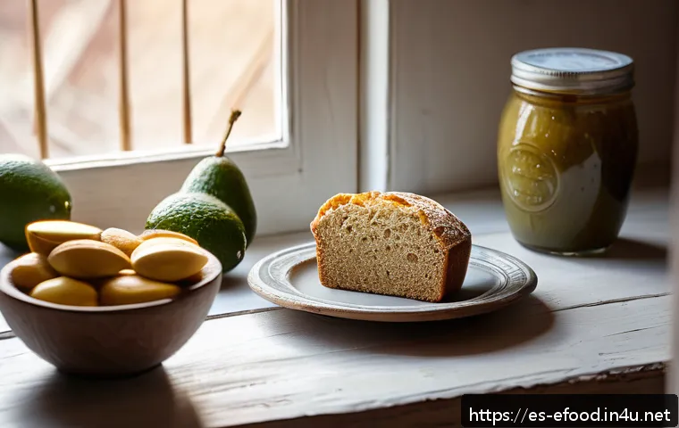 특수 식단 제품 리뷰 - A cozy breakfast scene featuring a freshly baked almond flour gluten-free bread loaf with psyllium h...