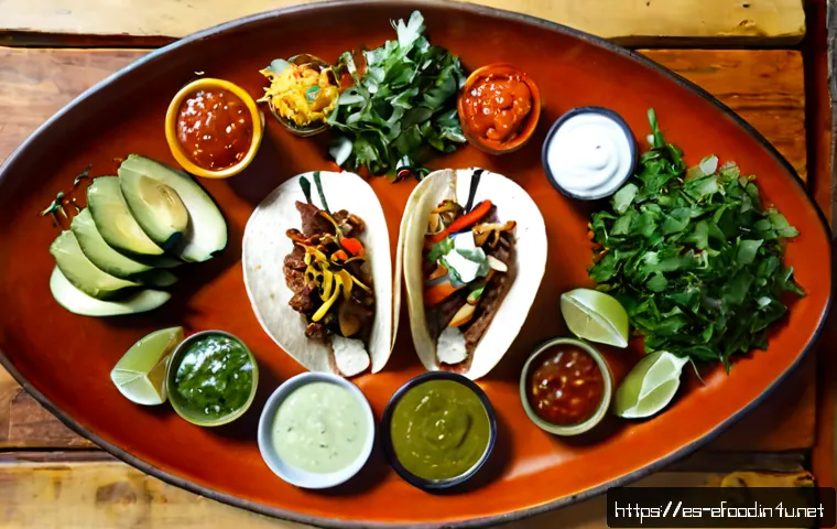 글로벌 퓨전 음식 트렌드 - Photorealistic overhead restaurant table showcasing global fusion food trends for a Spanish-speaking...